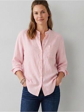 Pale Pink Band-Collar Casual Button-Down Shirt, Linen and flax blend